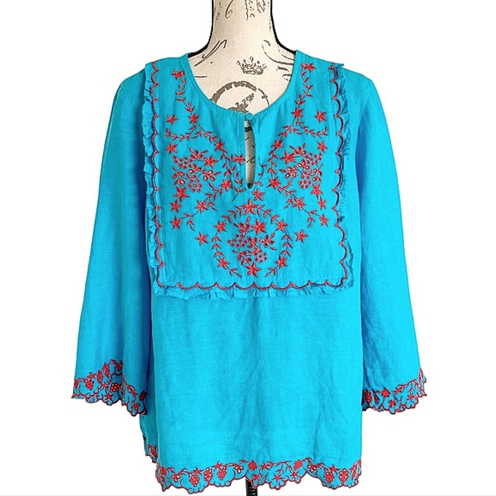 J. Crew Turquoise Blouse with Scarlet Embroidery